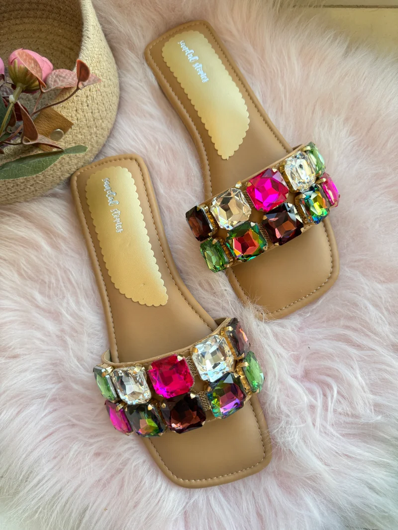 Sandal Stories Beige Gemstone Slide Sandals for Women