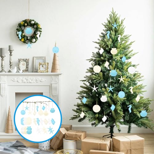 Thintinick 30 Pieces Resin Starfish Seahorse Sanddollar Conch & Seashells Set with Rope for Christmas Tree Hanging Ornaments Beach Theme Wedding Home Decor & DIY Crafts (Blue) - Image 5