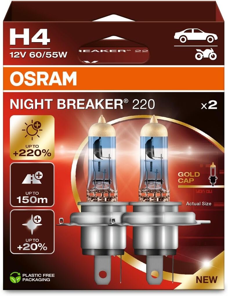 OSRAM NIGHT BREAKER 220, H4, 220% more brightness, halogen headlight lamp, 64193NB220-2HB, Folding Box (2 lamps), white - Image 1