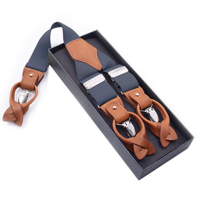 Mens Trendy Suspenders 3.5cm Adjustable Elastic 6 Clips Casual Straps Dark gray 