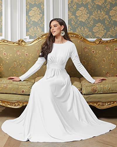 KOH KOH Womens Long Full Sleeve Sleeves Flowy Empire Waist Fall Winter Modest Formal Floor Length Abaya Muslim Bridesmaid Bridal Gown Gowns Maxi Dress Dresses, Ivory White S 4-6 - Image 4