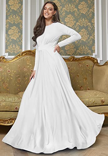 KOH KOH Womens Long Full Sleeve Sleeves Flowy Empire Waist Fall Winter Modest Formal Floor Length Abaya Muslim Bridesmaid Bridal Gown Gowns Maxi Dress Dresses, Ivory White S 4-6 - Image 2