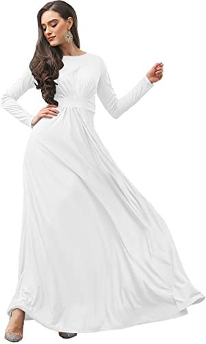 KOH KOH Womens Long Full Sleeve Sleeves Flowy Empire Waist Fall Winter Modest Formal Floor Length Abaya Muslim Bridesmaid Bridal Gown Gowns Maxi Dress Dresses, Ivory White S 4-6 - Image 1