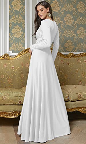 KOH KOH Womens Long Full Sleeve Sleeves Flowy Empire Waist Fall Winter Modest Formal Floor Length Abaya Muslim Bridesmaid Bridal Gown Gowns Maxi Dress Dresses, Ivory White S 4-6 - Image 5