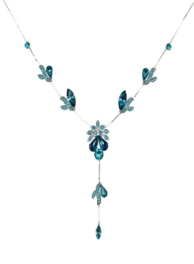 Faship Gorgeous Teal Rhinestone Crystal Floral Necklace Earrings Set - Teal - Image 1
