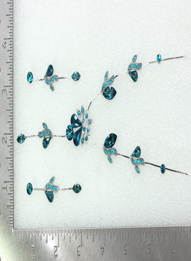Faship Gorgeous Teal Rhinestone Crystal Floral Necklace Earrings Set - Teal - Image 5
