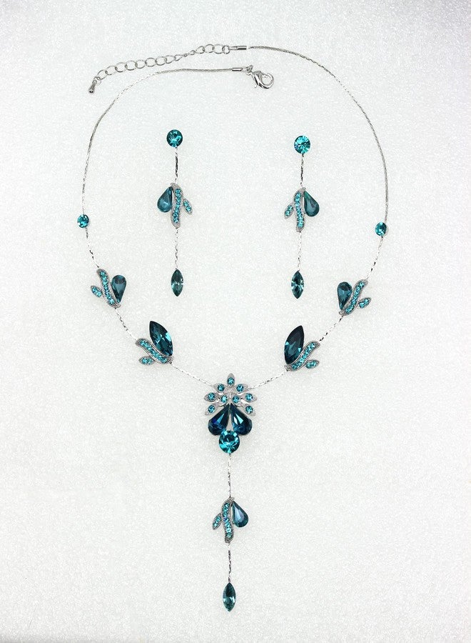 Faship Gorgeous Teal Rhinestone Crystal Floral Necklace Earrings Set - Teal - Image 2