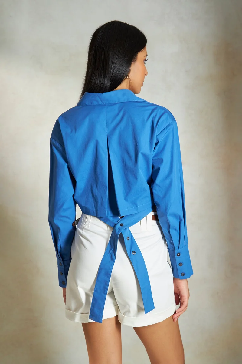 Virgio Cotton Cropped Brunchwear Back Tie Up Waist Shirts for Women