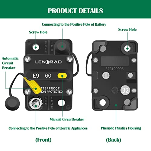 LENKRAD 60 Amp Marine Boat Circuit Breaker Resettable 60A with Manual Reset Switch Button for Trolling, RV, Yacht, 12V - 48V DC, Waterproof, Surface Mount (60 Amp Boat Circuit Breaker) - Image 5