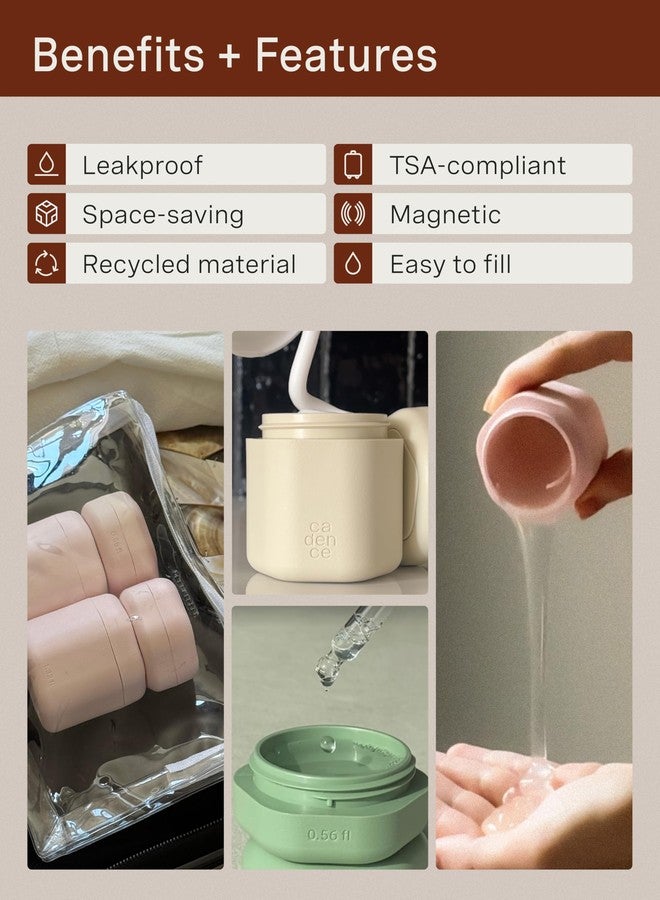 Cadence Travel Containers - Core Skincare Set - Magnetic Travel Capsules - 2 Small (0.56oz) & 3 Medium Capsules (1.32oz) with Cleanser, Moisturizer, Serum, Makeup Remover & Sun-Icon Label - Evergreen - Image 2