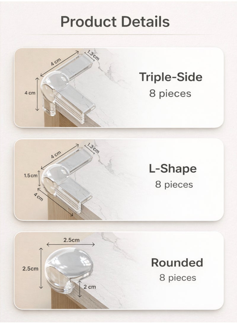 Stova 24-Pack Baby Proofing Corner Protectors - Clear Adhesive Guards Set (8 L-Shape, 8 T-Shape, 8 O-Shape) for Table Edges & Furniture Safety - Transparent Child Bumpers - Image 2