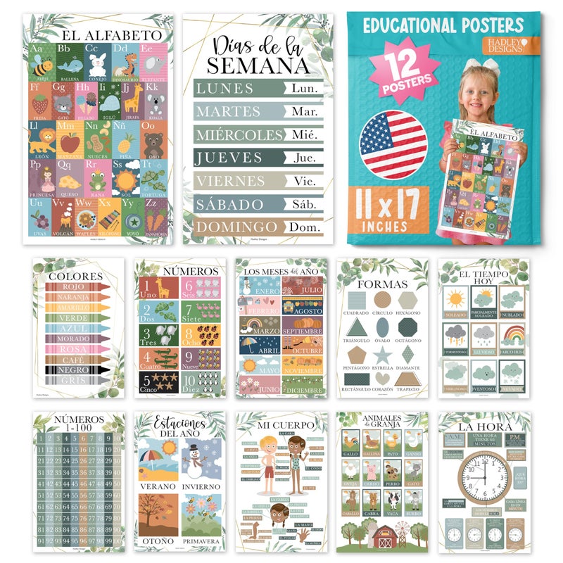 Hadley Designs Spanish Classroom Decorations 12 Spanish Posters for Classroom Elementary Abecedario para Nios en Espaol Laminated Greenery Bilingual Educational Posters 11x17