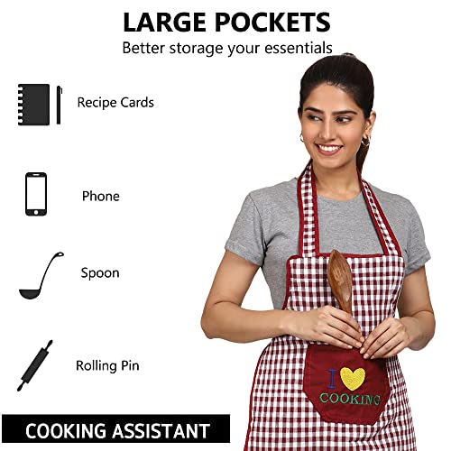 JMi Cotton Checkered Design Waterproof Apron with Multipurpose Front Large Embroidered Pocket Pack of 2 (BLACK MAROON) - Image 2