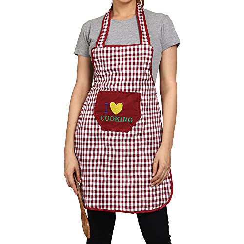 JMi Cotton Checkered Design Waterproof Apron with Multipurpose Front Large Embroidered Pocket Pack of 2 (BLACK MAROON) - Image 5