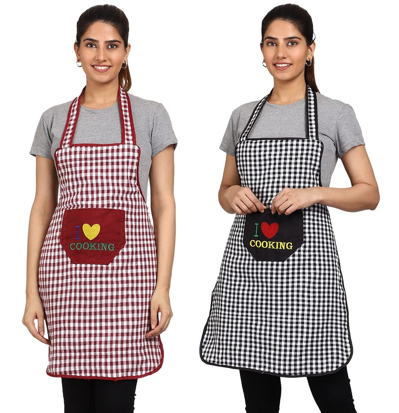 JMi Cotton Checkered Design Waterproof Apron with Multipurpose Front Large Embroidered Pocket Pack of 2 (BLACK MAROON) - Image 1