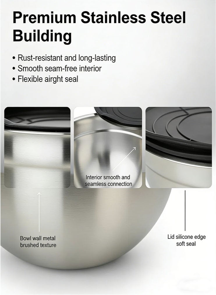 304 Stainless Steel Mixing Bowls with Lids 3PCS, Stainless Steel Nesting Bowls, alad bowl, serving bowl, soup bowl, Nesting Mixing Bowl Set for Kitchen Baking, Salad Prep, Dough with Airtight Silicone Lids - Image 5