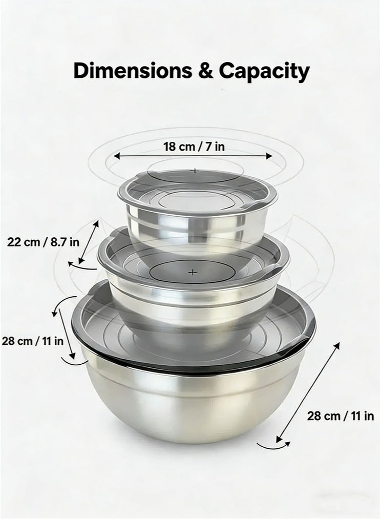 304 Stainless Steel Mixing Bowls with Lids 3PCS, Stainless Steel Nesting Bowls, alad bowl, serving bowl, soup bowl, Nesting Mixing Bowl Set for Kitchen Baking, Salad Prep, Dough with Airtight Silicone Lids - Image 3