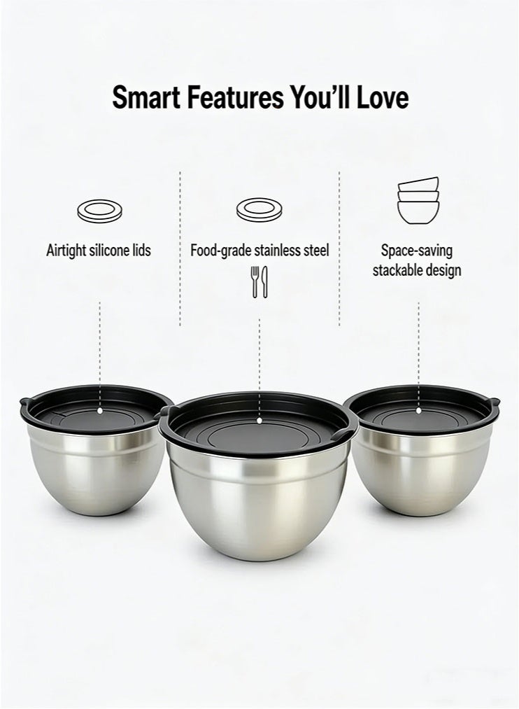 304 Stainless Steel Mixing Bowls with Lids 3PCS, Stainless Steel Nesting Bowls, alad bowl, serving bowl, soup bowl, Nesting Mixing Bowl Set for Kitchen Baking, Salad Prep, Dough with Airtight Silicone Lids - Image 4