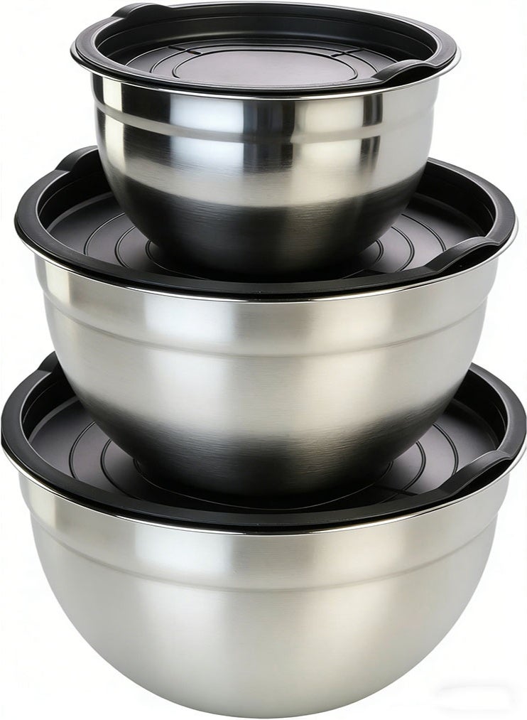 304 Stainless Steel Mixing Bowls with Lids 3PCS, Stainless Steel Nesting Bowls, alad bowl, serving bowl, soup bowl, Nesting Mixing Bowl Set for Kitchen Baking, Salad Prep, Dough with Airtight Silicone Lids - Image 1