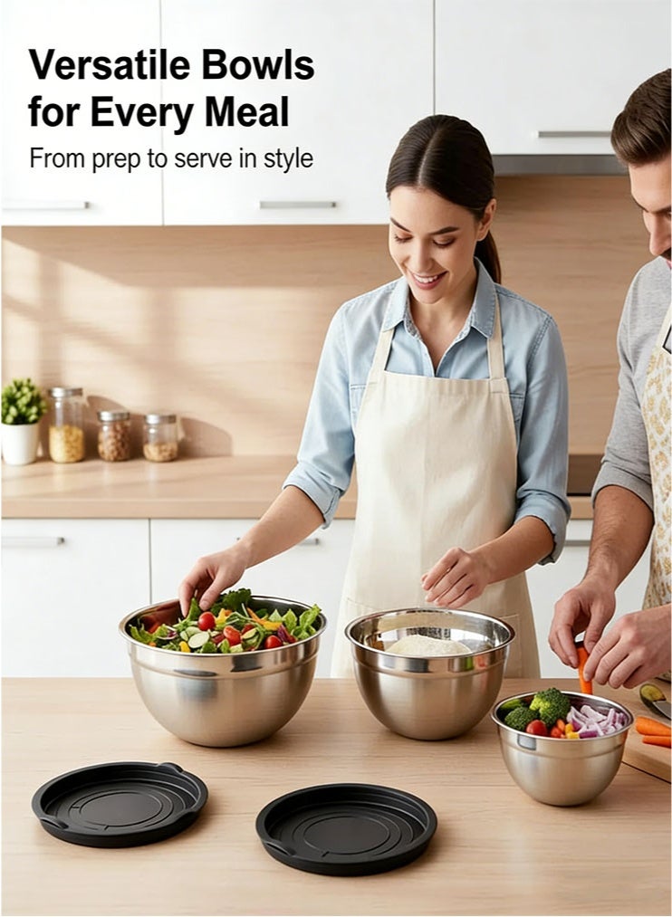 304 Stainless Steel Mixing Bowls with Lids 3PCS, Stainless Steel Nesting Bowls, alad bowl, serving bowl, soup bowl, Nesting Mixing Bowl Set for Kitchen Baking, Salad Prep, Dough with Airtight Silicone Lids - Image 2