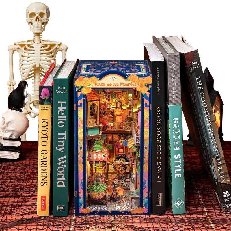 Fsolis Book Nook Kit Decorative Bookends 3D Wood Puzzles Bookshelf Insert Diorama Kit DIY Miniature House for Adults Bookish Gifts for Women Book Lovers Bookworm Plaza de Los Muertos - Image 3