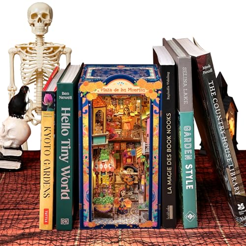 Fsolis Book Nook Kit Decorative Bookends 3D Wood Puzzles Bookshelf Insert Diorama Kit DIY Miniature House for Adults Bookish Gifts for Women Book Lovers Bookworm Plaza de Los Muertos - Image 1