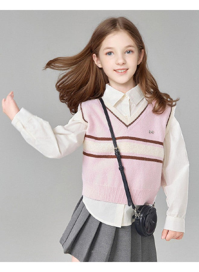 DEESHA Preppy Knit Vest + Shirt】2-piece Girls' Spring/autumn Outfit For Ages 2-5, Middle & Big Kids Coordinated Set - Image 1