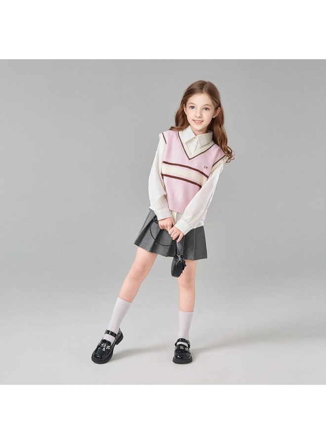 DEESHA Preppy Knit Vest + Shirt】2-piece Girls' Spring/autumn Outfit For Ages 2-5, Middle & Big Kids Coordinated Set - Image 3