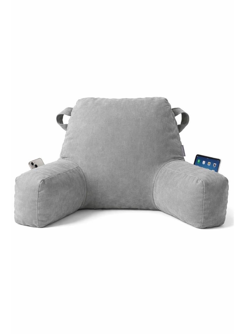 Portable Comfy Reading Pillows for Bed Sitting Up Light Grey , Velvet Back Pillow with Arms & Pockets for Adults, Support Memory Foam Bed Pillow - Image 1