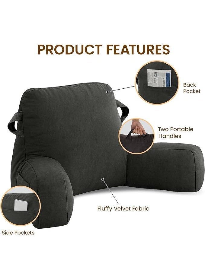 Portable Comfy Reading Pillows for Bed Sitting Up Light Grey , Velvet Back Pillow with Arms & Pockets for Adults, Support Memory Foam Bed Pillow - Image 4