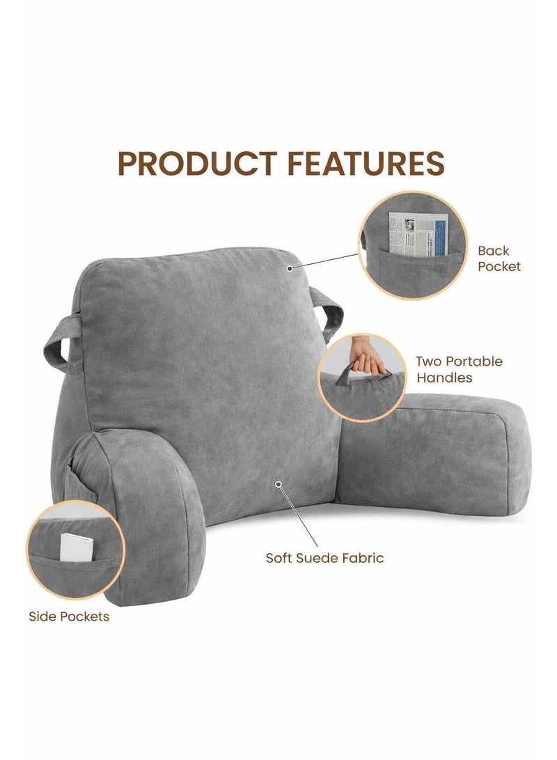 Portable Comfy Reading Pillows for Bed Sitting Up Light Grey , Velvet Back Pillow with Arms & Pockets for Adults, Support Memory Foam Bed Pillow - Image 2