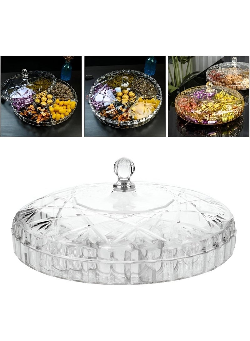 Snack Serving Tray, Appetizer Tray with Lid, 6 Compartments Round Plastic Food Storage Organizer for Dried Fruits, Nuts, Candies, Sweet Cookies, and Fruits (Medium) (Clear White) - Image 3