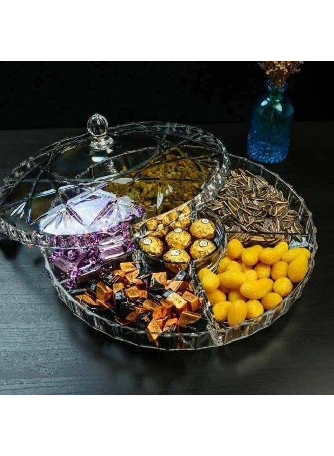 Snack Serving Tray, Appetizer Tray with Lid, 6 Compartments Round Plastic Food Storage Organizer for Dried Fruits, Nuts, Candies, Sweet Cookies, and Fruits (Medium) (Clear White) - Image 1