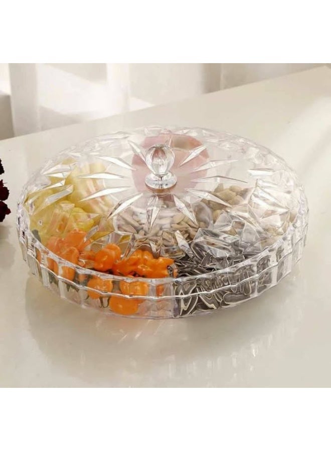 Snack Serving Tray, Appetizer Tray with Lid, 6 Compartments Round Plastic Food Storage Organizer for Dried Fruits, Nuts, Candies, Sweet Cookies, and Fruits (Medium) (Clear White) - Image 2