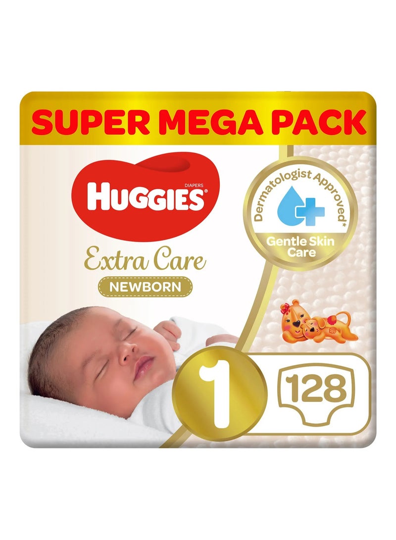 HUGGIES حفاضات هاجيز إكسترا كير لحديثي الولادة، 128 قطعة، عبوة سوبر ميغا، الحجم 1، من 0 إلى 5 كجم - حماية لمدة 12 ساعة، معتمدة من أطباء الجلد، قابلة للتنفس - Image 1