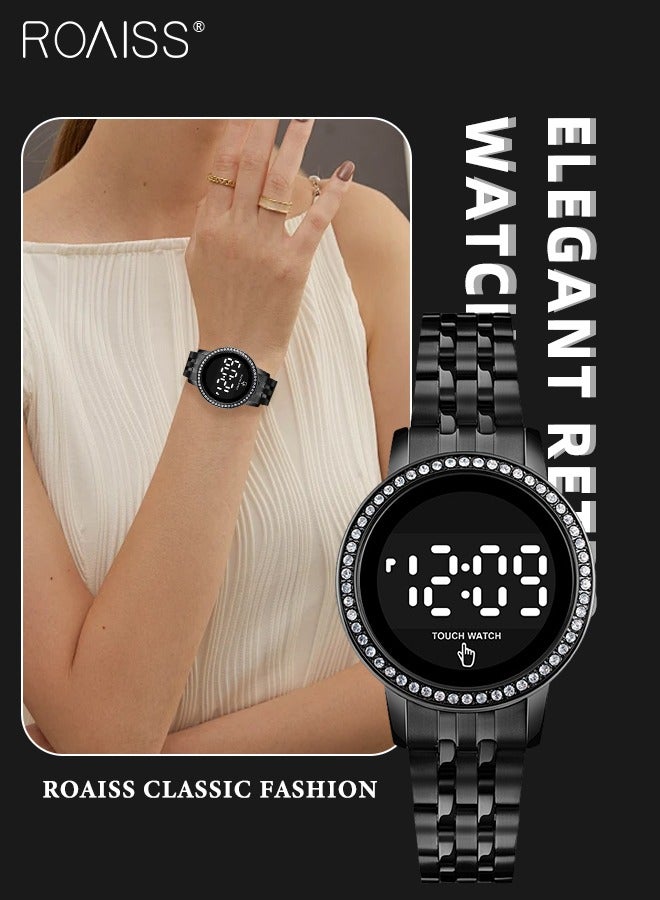 roaiss Women's Digital Touch Screen Watch Led Display Round Dial with Rhinestones Decorated Bezel Waterproof Luminous Stainless Steel Strap Wristwatch with Calendar Display, Black - Image 1