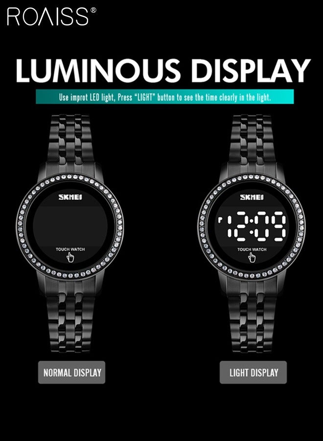roaiss Women's Digital Touch Screen Watch Led Display Round Dial with Rhinestones Decorated Bezel Waterproof Luminous Stainless Steel Strap Wristwatch with Calendar Display, Black - Image 5
