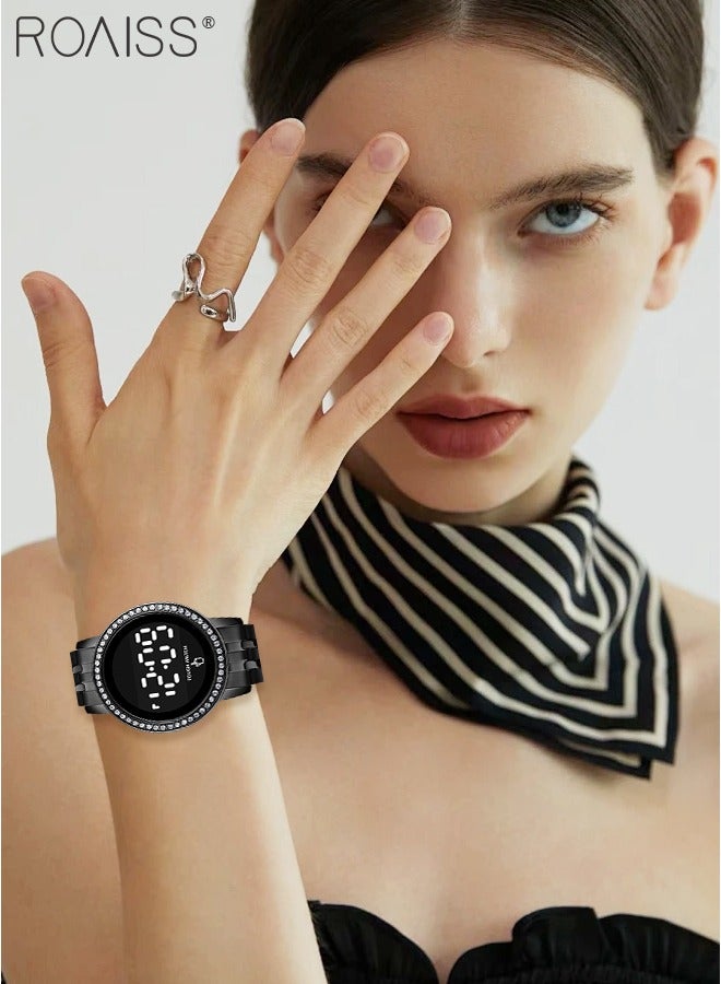 roaiss Women's Digital Touch Screen Watch Led Display Round Dial with Rhinestones Decorated Bezel Waterproof Luminous Stainless Steel Strap Wristwatch with Calendar Display, Black - Image 2