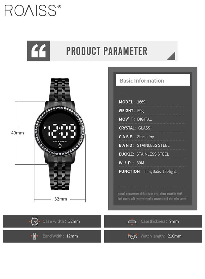 roaiss Women's Digital Touch Screen Watch Led Display Round Dial with Rhinestones Decorated Bezel Waterproof Luminous Stainless Steel Strap Wristwatch with Calendar Display, Black - Image 3