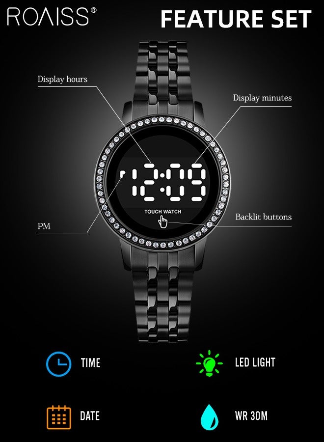 roaiss Women's Digital Touch Screen Watch Led Display Round Dial with Rhinestones Decorated Bezel Waterproof Luminous Stainless Steel Strap Wristwatch with Calendar Display, Black - Image 4