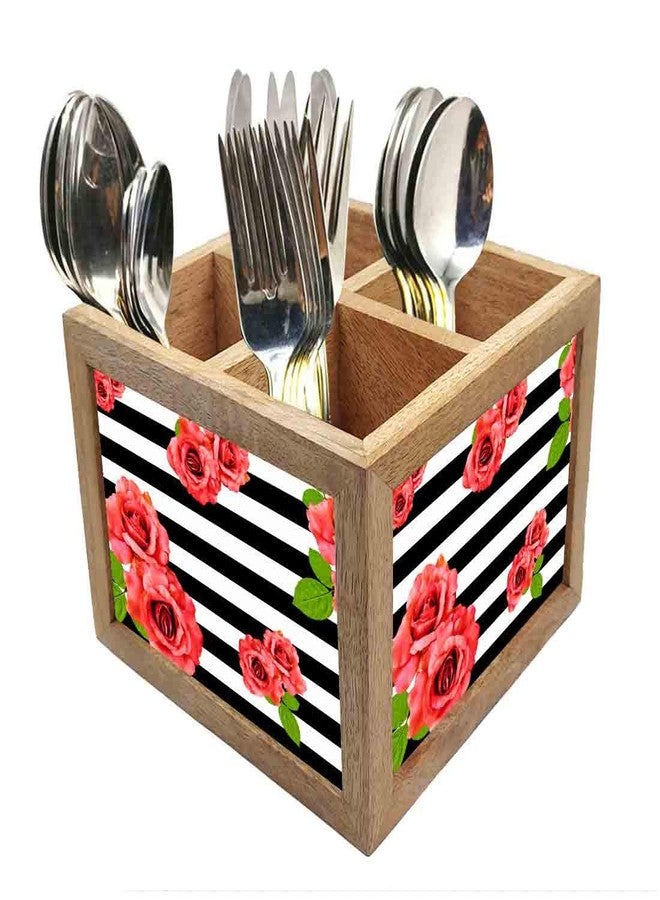 Nutcase Wooden Cutlery Stand Holder Silverware Caddy Spoons Forks Knives Organizer for Dining Table & Kitchen -Made in India-Spoons NOT Included - Red Flowers with Strips - Image 1