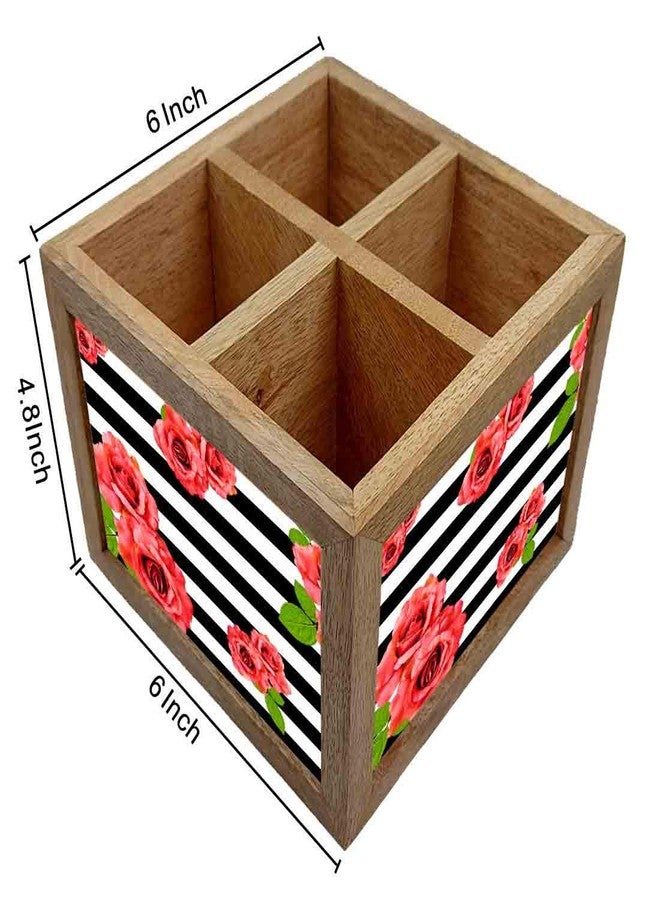 Nutcase Wooden Cutlery Stand Holder Silverware Caddy Spoons Forks Knives Organizer for Dining Table & Kitchen -Made in India-Spoons NOT Included - Red Flowers with Strips - Image 4