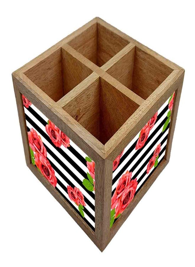 Nutcase Wooden Cutlery Stand Holder Silverware Caddy Spoons Forks Knives Organizer for Dining Table & Kitchen -Made in India-Spoons NOT Included - Red Flowers with Strips - Image 2