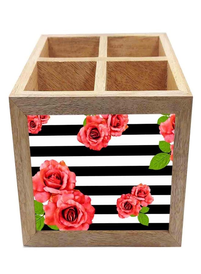 Nutcase Wooden Cutlery Stand Holder Silverware Caddy Spoons Forks Knives Organizer for Dining Table & Kitchen -Made in India-Spoons NOT Included - Red Flowers with Strips - Image 3