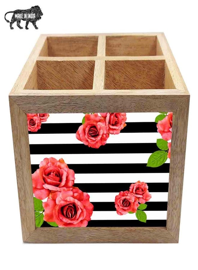 Nutcase Wooden Cutlery Stand Holder Silverware Caddy Spoons Forks Knives Organizer for Dining Table & Kitchen -Made in India-Spoons NOT Included - Red Flowers with Strips - Image 5