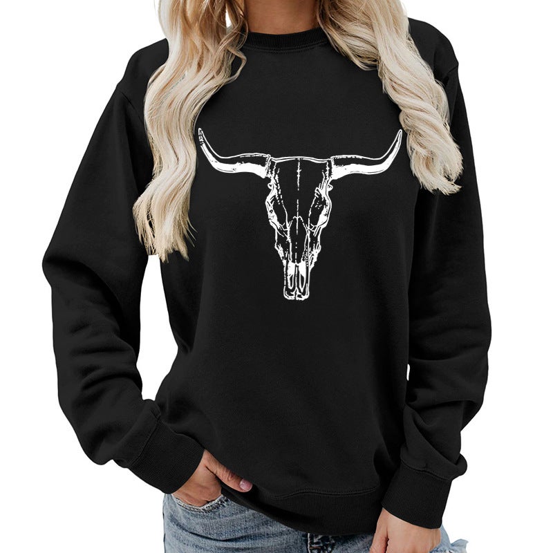 Amazon Foreign Trade Supply Niutou Hollow Printing Round Neck Jacket Sweatshirt European Size European and American Womens Jacket Long Sleeve Asian Black (white font)