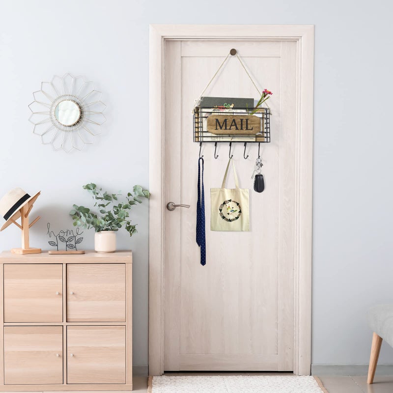 SRIWATANA Mail Organizer Wall Mount, Rustic Mail Holder Key Holder for Wall with Hooks, Small Size, Carbonized Black - Image 5