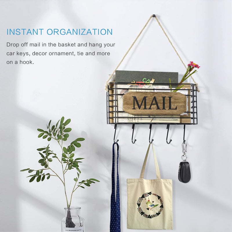 SRIWATANA Mail Organizer Wall Mount, Rustic Mail Holder Key Holder for Wall with Hooks, Small Size, Carbonized Black - Image 4