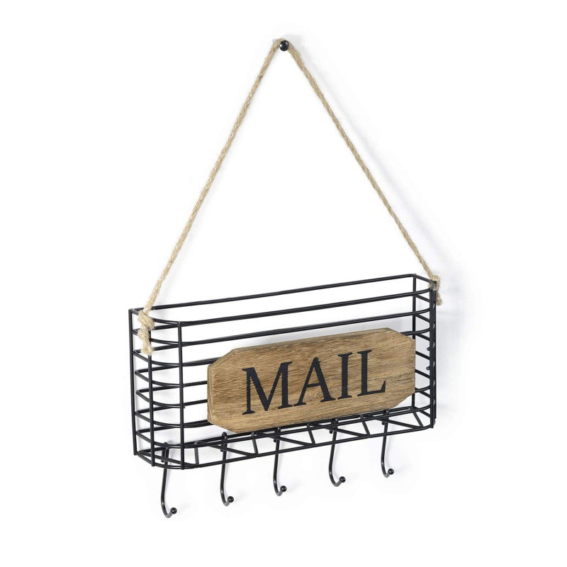SRIWATANA Mail Organizer Wall Mount, Rustic Mail Holder Key Holder for Wall with Hooks, Small Size, Carbonized Black - Image 1