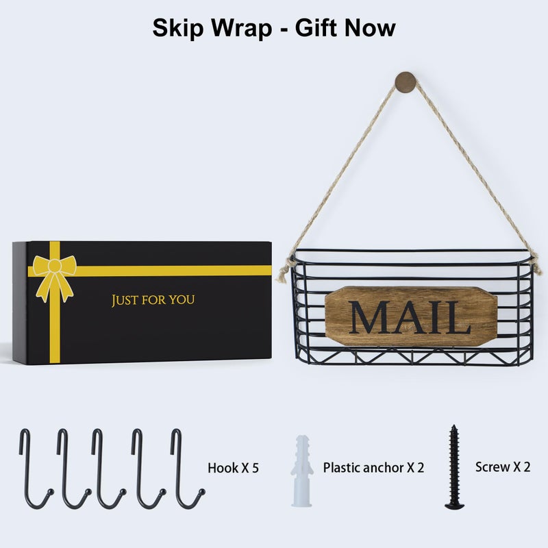 SRIWATANA Mail Organizer Wall Mount, Rustic Mail Holder Key Holder for Wall with Hooks, Small Size, Carbonized Black - Image 3